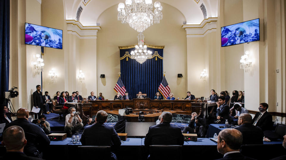 A video of the Jan. 6 insurrection is displayed during the House select committee hearing on the Jan. 6 attack on Capitol Hill in Washington, Tuesday, July 27, 2021. (Bill O'Leary/The Washington Post via AP, Pool)