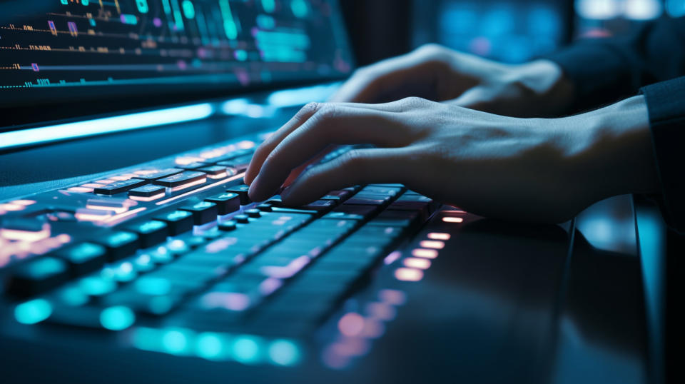 A close up of a hand typing in commands into a keyboard connected to a large data center.