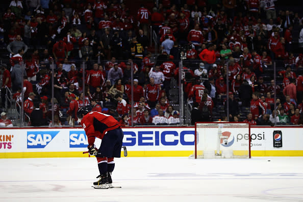 WASHINGTON, DC - MAY 10: Alex Ovechkin #8 of the Washington Capitals skates off the ice following the Capitals 2-0 loss to the Pittsburgh Penguins in Game Seven of the Eastern Conference Second Round during the 2017 NHL Stanley Cup Playoffs at Verizon Center on May 10, 2017 in Washington, DC. (Photo by Patrick Smith/Getty Images)