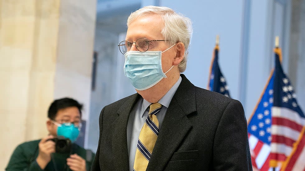 Minority Leader Mitch McConnell (R-Ky.) arrives for the weekly Senate Republican policy luncheon on Tuesday, January 4, 2022.