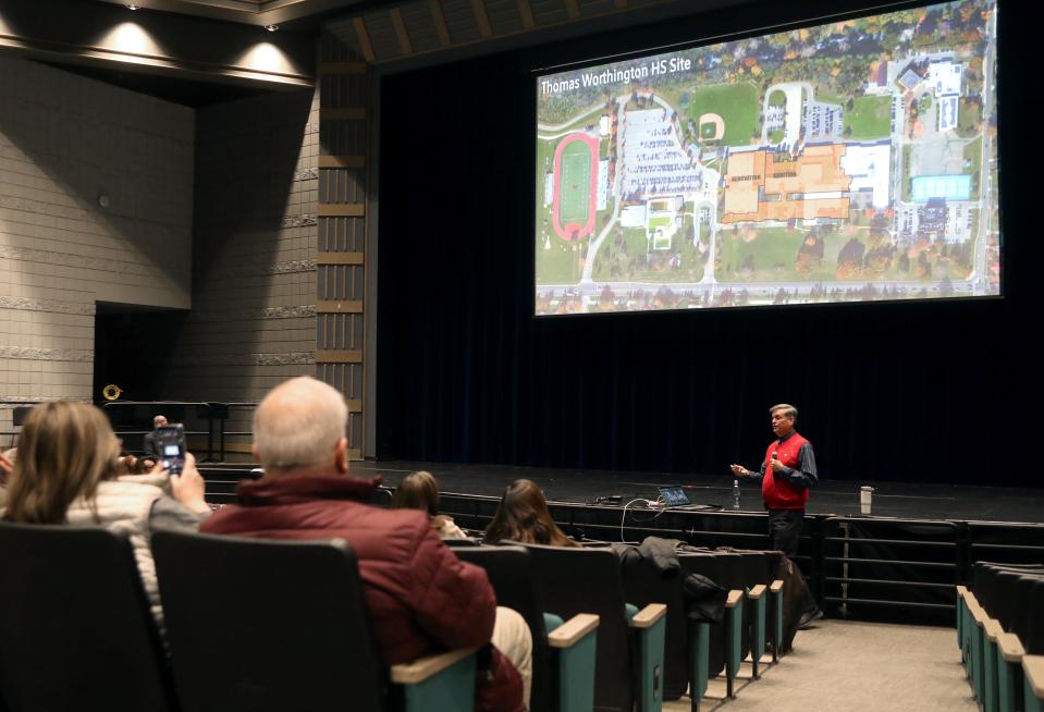 Mike Dingeldein, an architect with Community Design Alliance,  gives a presentation and update Dec. 1 on renovation projects for Thomas Worthington and Worthington Kilbourne high schools.