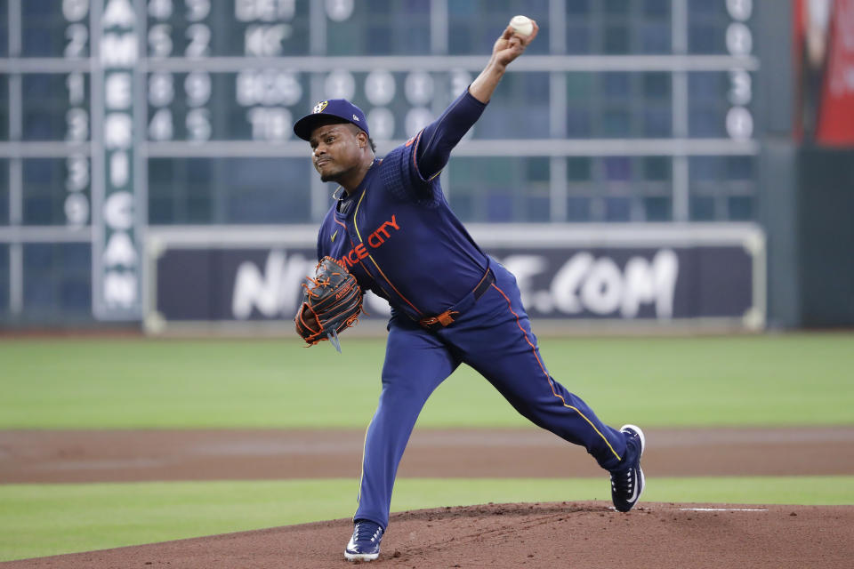 Houston Astros starting pitcher Framber Valdez throws against the Los Angeles Angels during the first inning of a baseball game Monday, May 20, 2024, in Houston. (AP Photo/Michael Wyke)