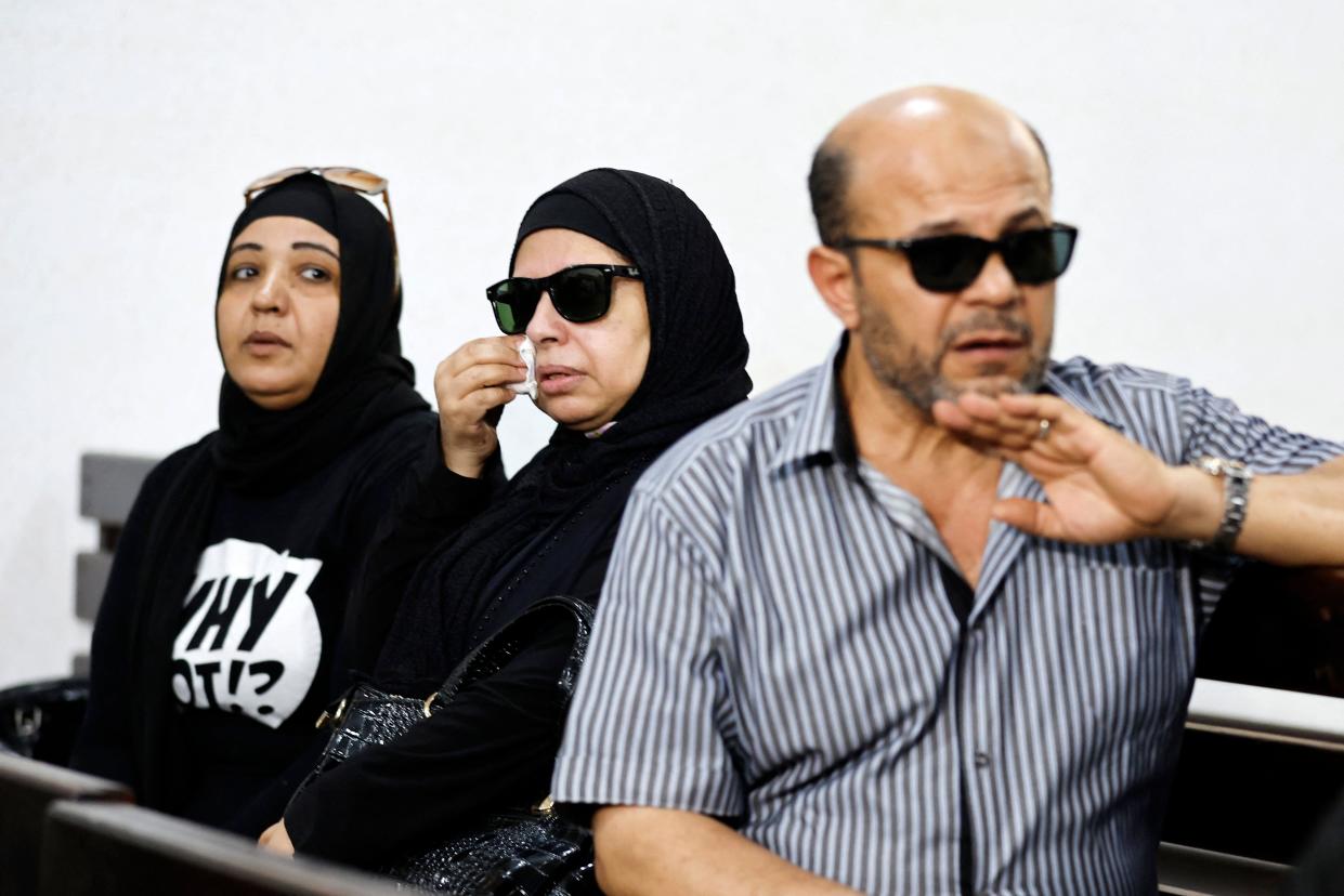 The parents and a family member of murdered University of Mansoura student Naiyera Ashraf attend the first trial session of her accused murderer Mohamed Adel, at the Mansoura courthouse, north of Cairo, June 26, 2022. / Credit: KHALED DESOUKI/AFP/Getty