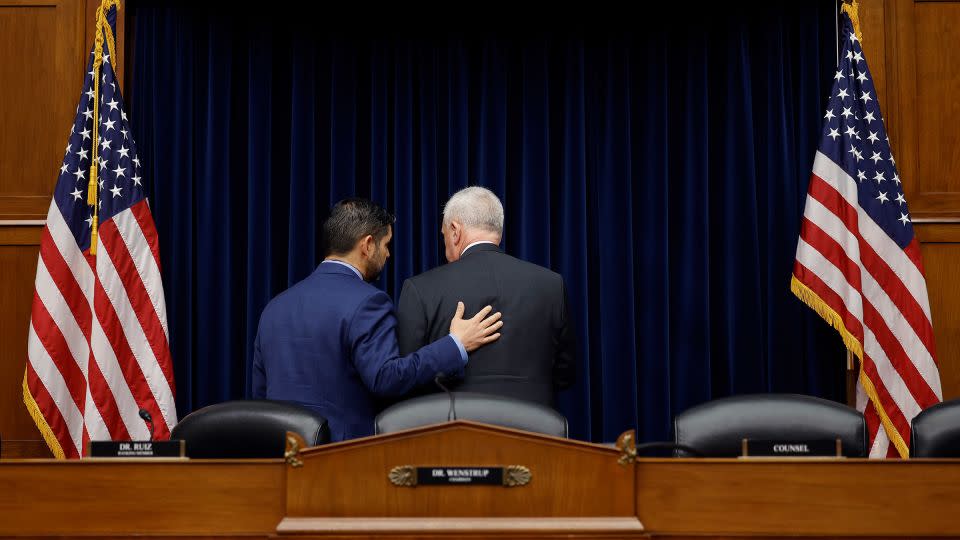 Ruiz, left, talks with Wenstrup on March 8, 2023. - Chip Somodevilla/Getty Images/File