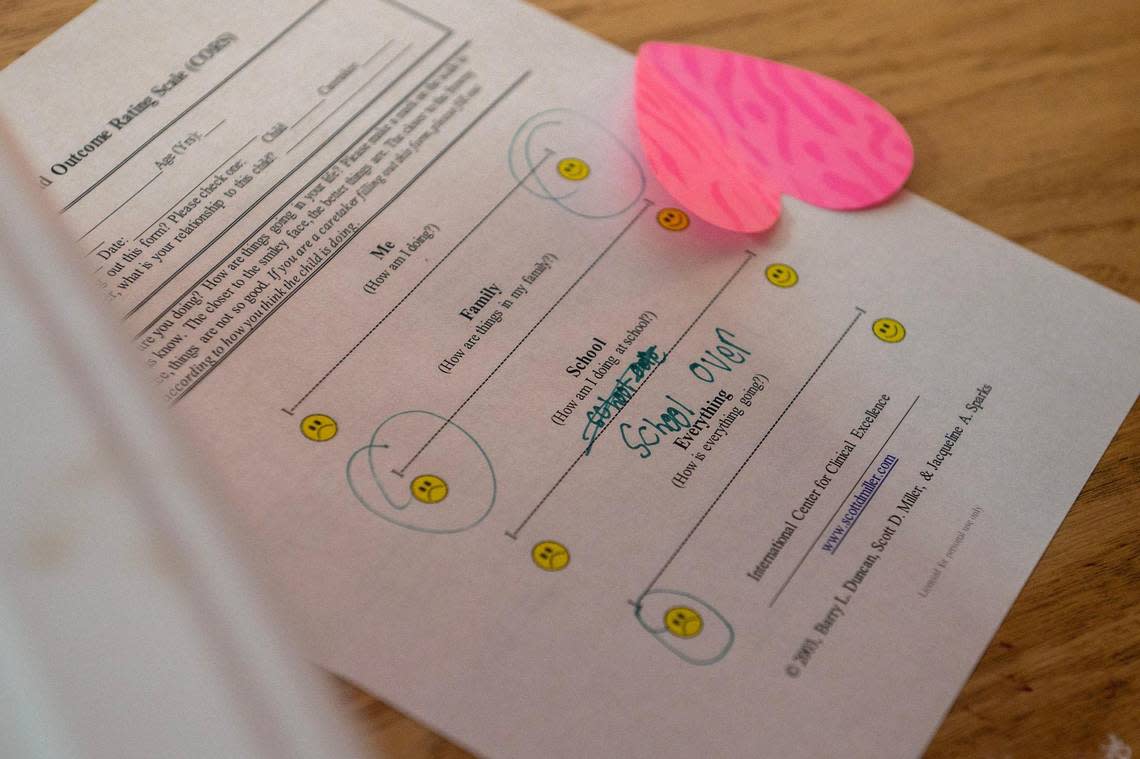 A worksheet is seen filled out by residents and during summer camp at Newhouse on Tuesday, June 20, 2023, in Kansas City.