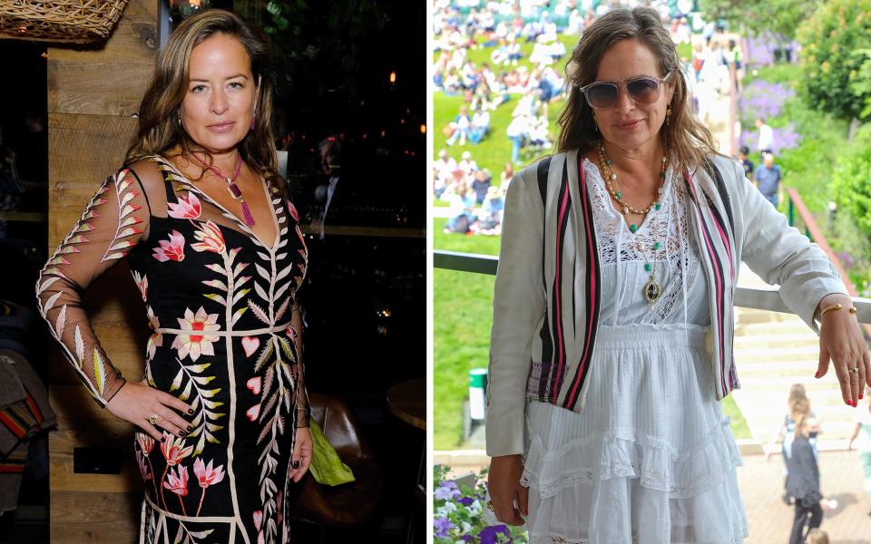 Jade Jagger, pictured, wearing a printed floral dress with statement jewellery; Jagger at the races - Getty Images 