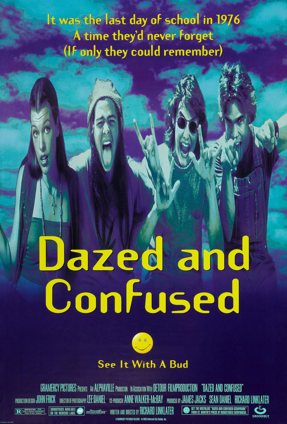 Movie poster for "Dazed and Confused" with four characters imitating a scream