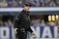 Atlanta Falcons head coach Dan Quinn shouts during the first half of an NFL football game against the Indianapolis Colts, Sunday, Sept. 22, 2019, in Indianapolis. (AP Photo/Michael Conroy)