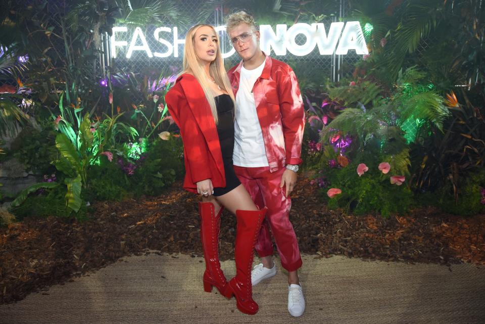 Tana Mongeau and Jake Paul are seen as Fashion Nova Presents: Party With Cardi on May 8, 2019 in Los Angeles, California.