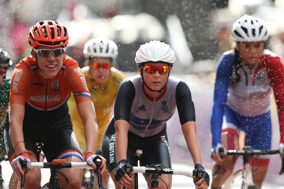 LONDON, ENGLAND - JULY 29: Lucy Martin of Great Britain (C) crosses the finish line during the Women's Road Race Road Cycling on day two of the London 2012 Olympic Games on July 29, 2012 in London, England (Photo by Bryn Lennon/Getty Images)