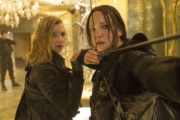 mockingjay.jpg THE HUNGER GAMES: MOCKINGJAY - PART 2, from left: Natalie Dormer, Jennifer Lawrence, 2015. ph: - Credit: Murray Close/ © Lionsgate/Everett Collection