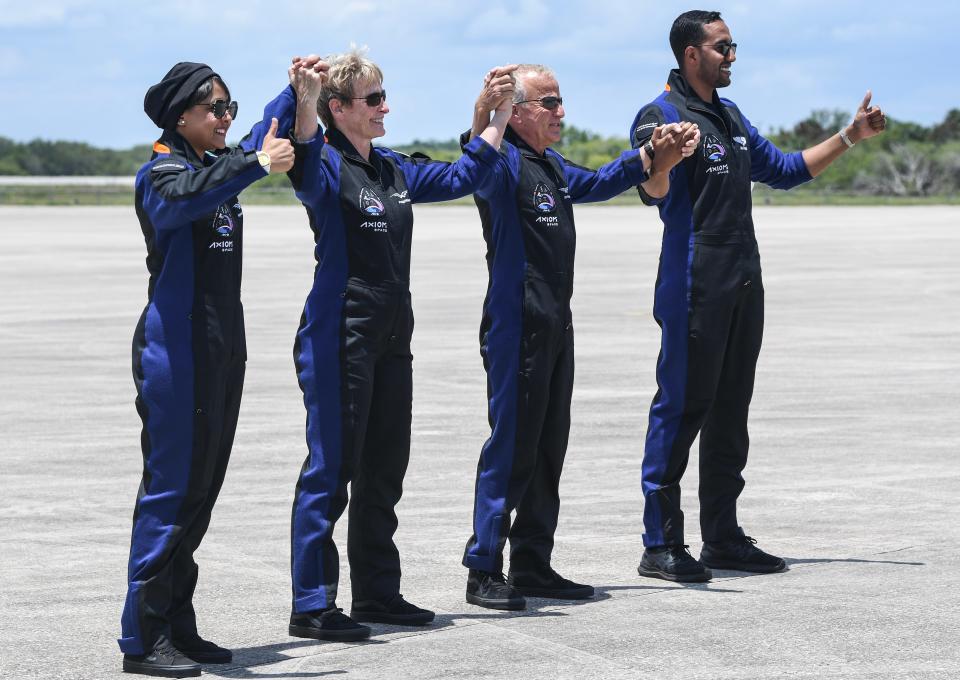 The Axiom-2 astronauts: Mission Specialist Rayyanah Barnawi, Commander Peggy Whitson, Pilot John Shoffner and Mission Specialist Ali Alqarni arrive at Kennedy Space Center in May.