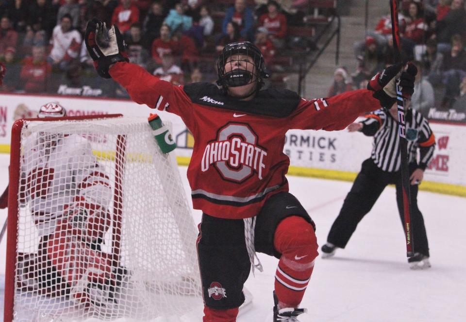 Ohio State forward Kiara Zanon celebrates after scoring her team's first goal during the second period Friday February 23, 2024 at La Bahn Arena in Madison, Wisconsin.
