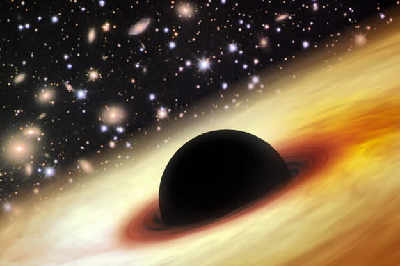 An artist's illustration of a monster supermassive black hole at the heart of a quasar in the distant universe. Scientists say the newfound black hole SDSS J010013.02+280225.8 is the largest and brightest ever found.