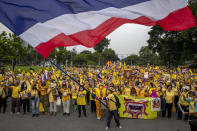 Supporters of the Thai monarchy display images of King Maha Vajiralongkorn, Queen Suthida, late King Bhumibol Adulyadej and wave a giant national flag during a rally at Lumphini park in central Bangkok, Thailand Tuesday, Oct. 27, 2020. Hundreds of royalists gathered to oppose pro-democracy protesters' demands that the prime minister resign, constitution be revised and the monarchy be reformed in accordance with democratic principles. (AP Photo/Gemunu Amarasinghe)