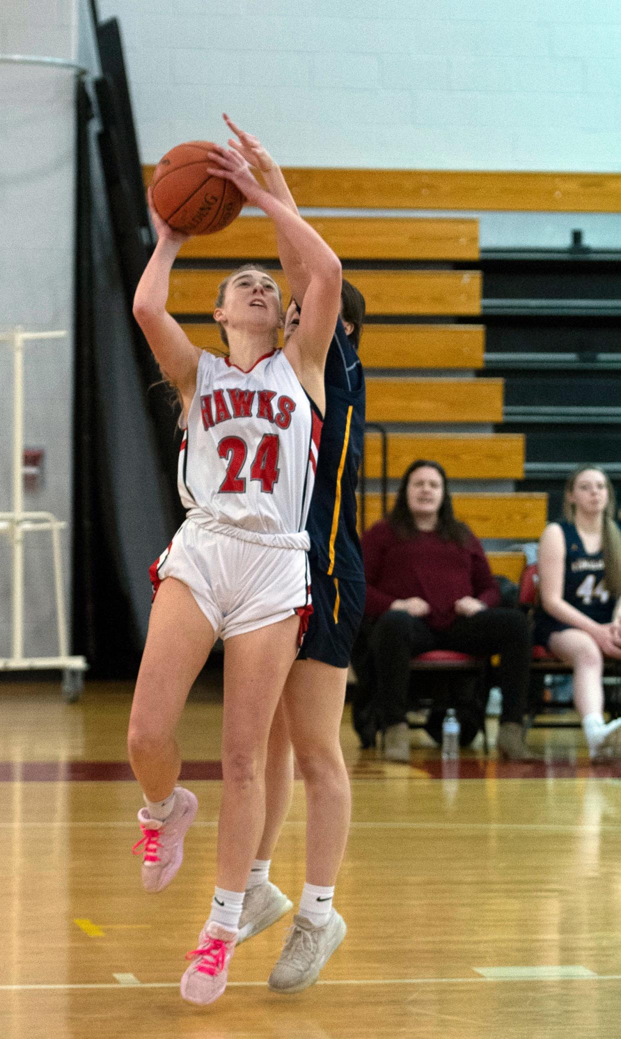 Hudson junior Samantha Collette goes in for a layup during the Sweet 16 tourney game in Hudson against Fontbonne, March 7, 2023. The Hawks beat the Ducks, 49-44 to move on to the Elite 8.