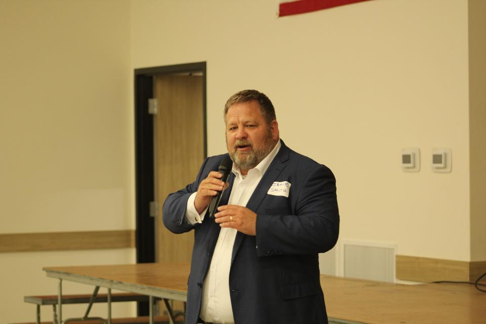 Jamie Smith speaks at a rally in opposition to Summit Carbon Solutions' proposed carbon sequestration pipeline in Mellette on Sunday evening.