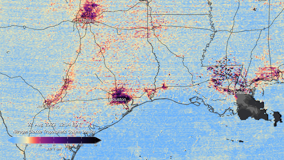 NASA pollution map showing a region of the US South stretching from central Texas to New Orleans. The map shows 