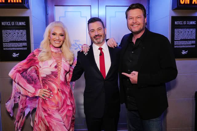 <p>Disney/Randy Holmes</p> Gwen Stefani, Jimmy Kimmel and Blake Shelton on Jimmy Kimmel Live!