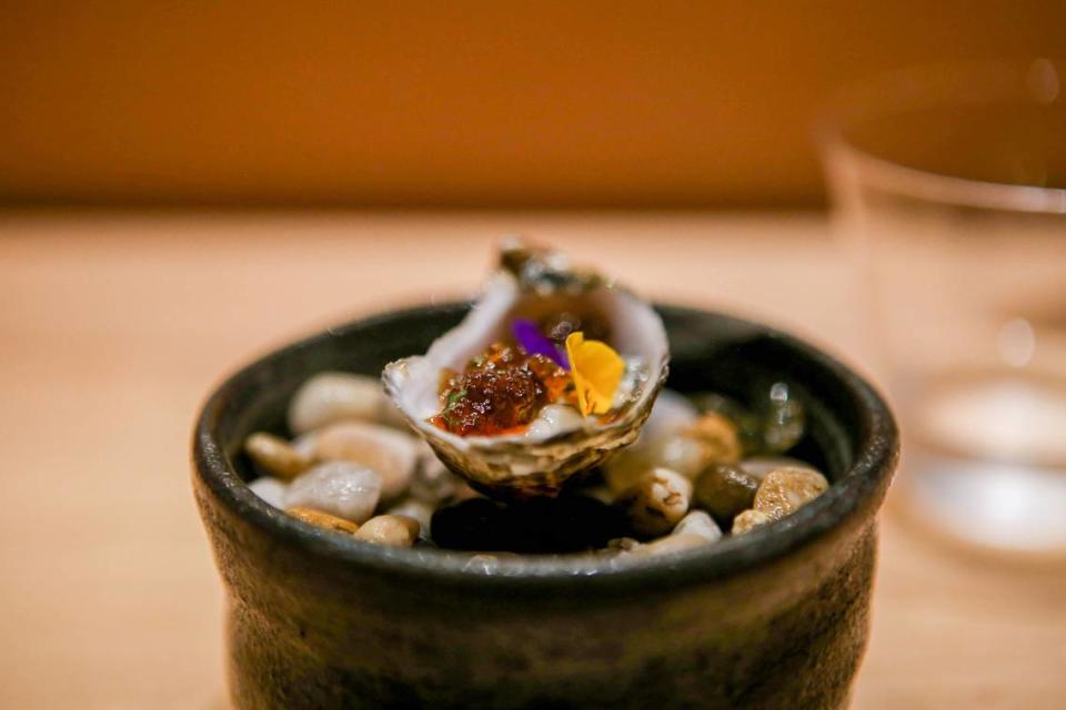 One of the menu items on the exclusive omakase menu at Hiden, located in Wynwood in The Taco Stand.