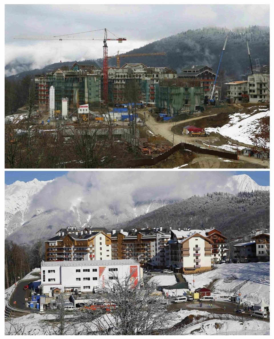 This combination picture shows the development over the past 11 months at the construction site of the Olympic mountain village at the Rosa Khutor alpine resort near Sochi, from February 2013 (top) to February 1, 2014 (bottom). Sochi will host the 2014 Winter Olympic Games from February 7 to 23. REUTERS/Kai Pfaffenbach (RUSSIA - Tags: SPORT OLYMPICS)