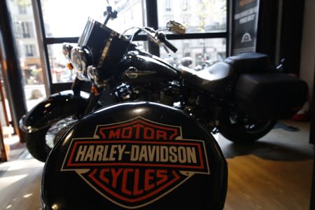 The logo of U.S. motorcycle company Harley-Davidson is seen on one of their models at a shop in Paris