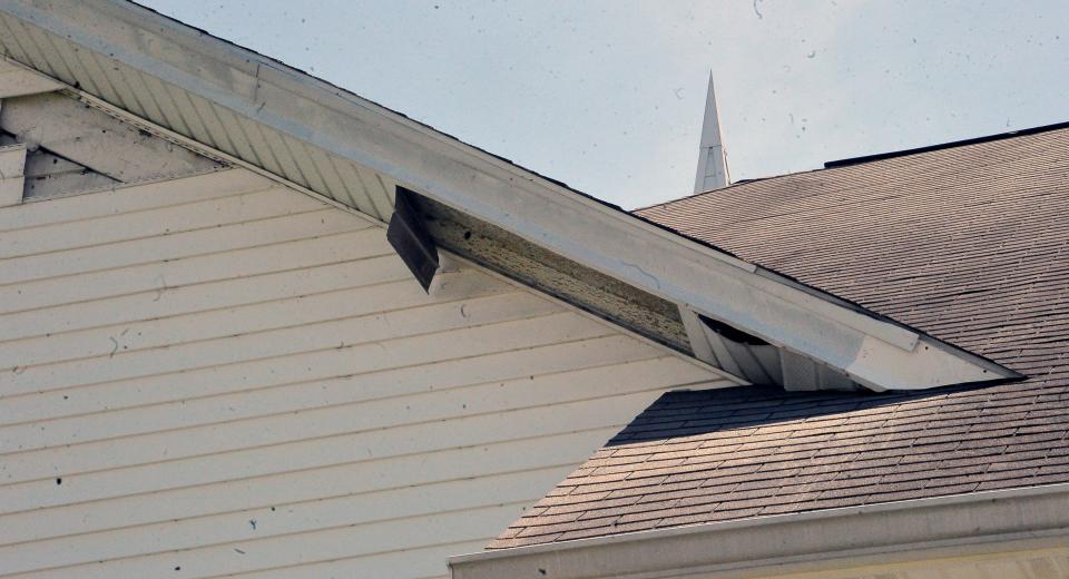 Some of the Moreland United Methodist Church shingles were ripped off the building in the storm Monday night.
