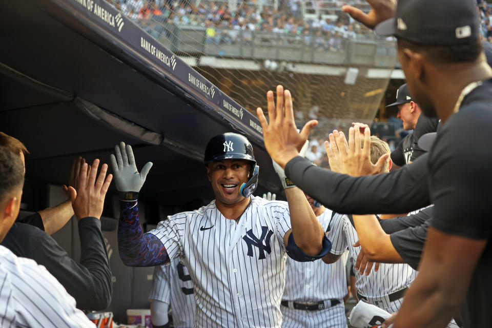 洋基Giancarlo Stanton近日打擊手感火燙，並在8局下敲出本季第17轟。（MLB Photo by New York Yankees/Getty Images）