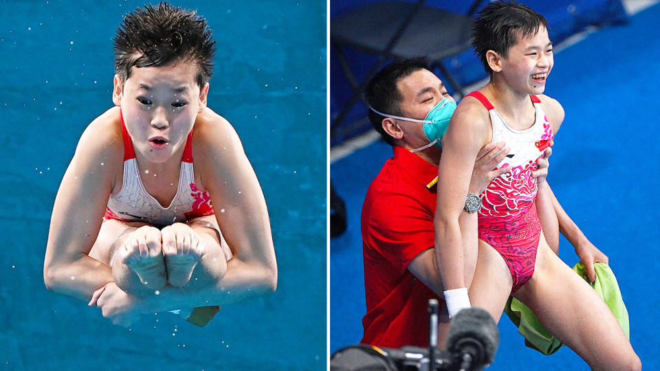 Pictured here, diver Quan Hongchan celebrates after winning gold in the women's 10m platform. 