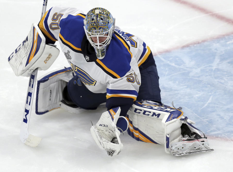 St. Louis Blues goaltender Jordan Binnington catches the puck during the third period in Game 7 of the NHL hockey Stanley Cup Final against the Boston Bruins, Wednesday, June 12, 2019, in Boston. (AP Photo/Charles Krupa)