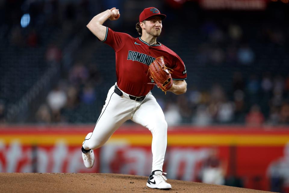 Starter Brandon Pfaadt #32 of the Arizona Diamondbacks pitches against the Cincinnati Reds during the first inning at Chase Field on May 15, 2024, in Phoenix.