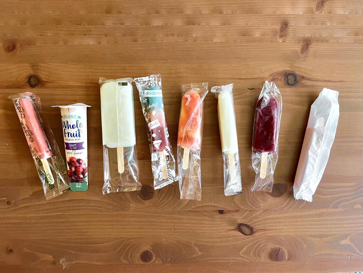 8 types of popsicles next to each other on a table