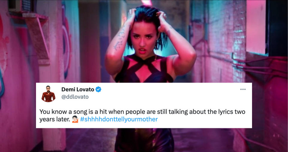 A screenshot from Demi Lovato's "Cool For The Summer" music video, and a screenshot of her tweet reading: “You know a song is a hit when people are still talking about the lyrics two years later."