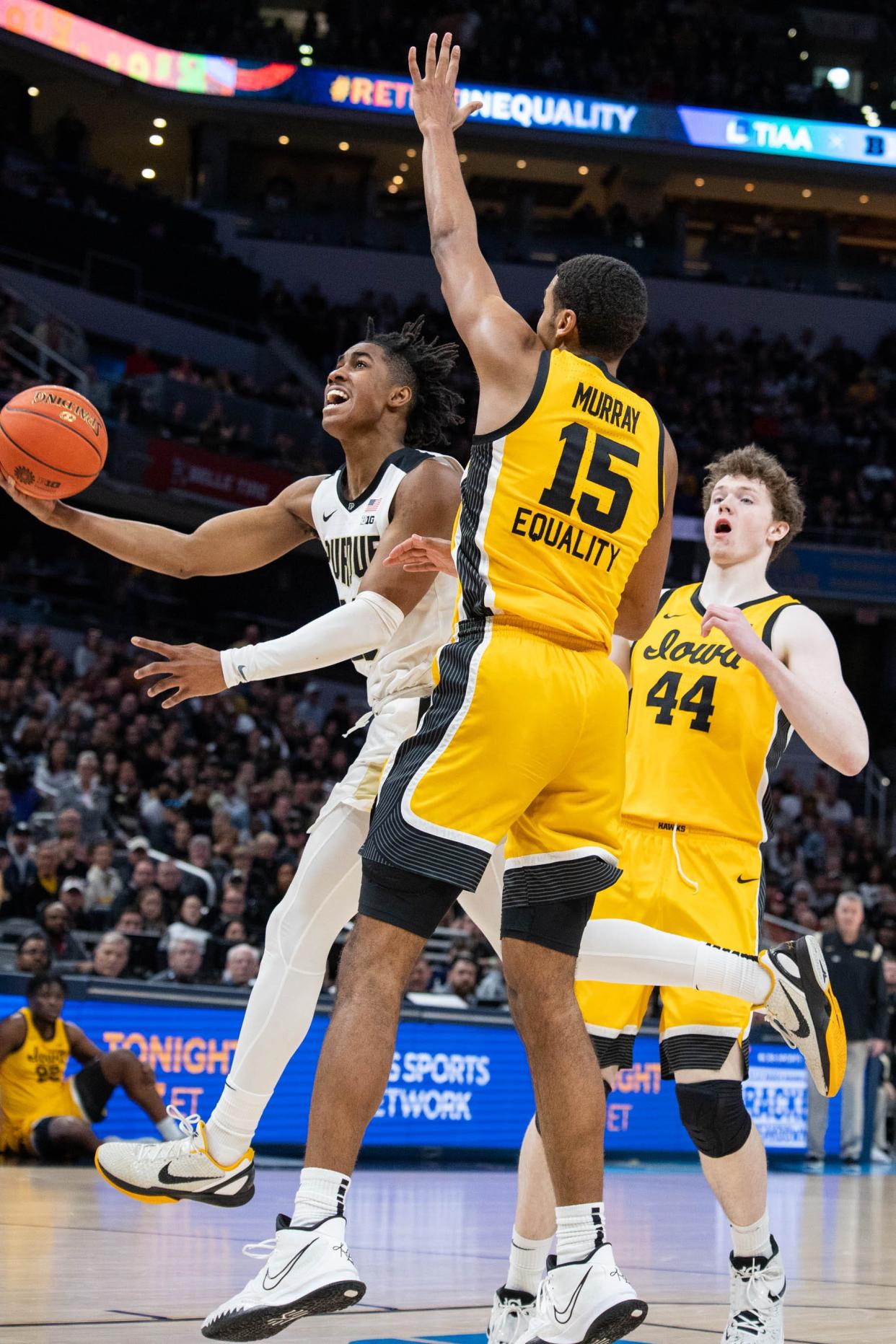 Keegan Murray (15) and Iowa and Jaden Ivey (left)  and Purdue are two of the big hopes for the Big Ten this NCAA tournament.