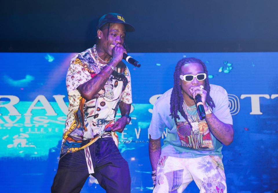 MIAMI, FLORIDA - MAY 08: Travis Scott and Quavo perform at E11EVEN Miami during race week on May 08, 2022 in Miami, Florida. (Photo by Alexander Tamargo/Getty Images for E11EVEN)