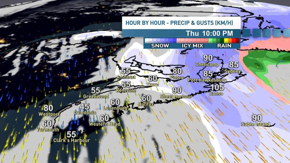 A map of the Maritimes shows wind guts and precipitation forecasts.