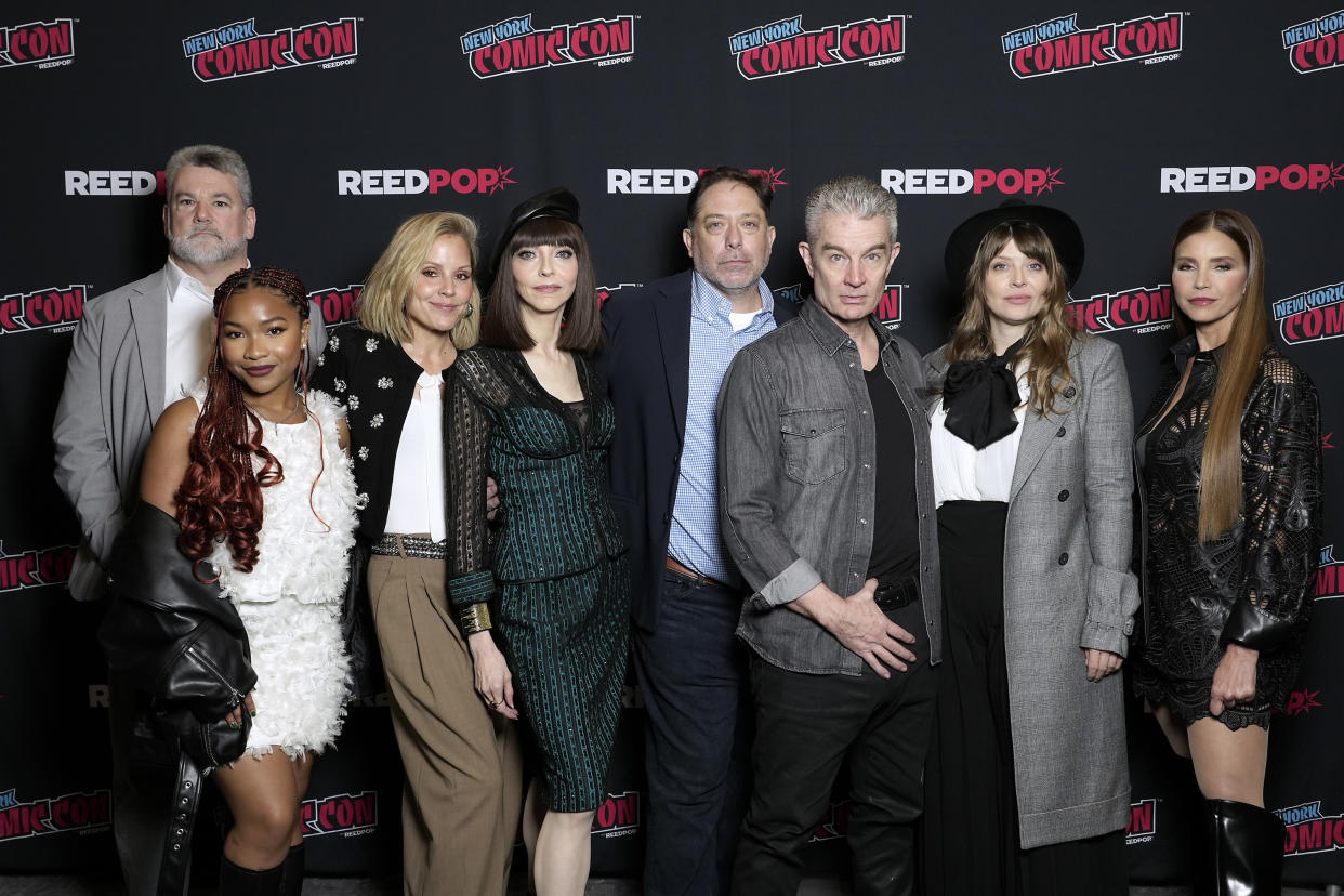 NEW YORK, NEW YORK - OCTOBER 13: (L-R) Christopher Golden, Laya DeLeon Hayes, Emma Caulfield Ford, Juliet Landau, James Charles Leary, James Marsters and Charisma Carpenter attend as 