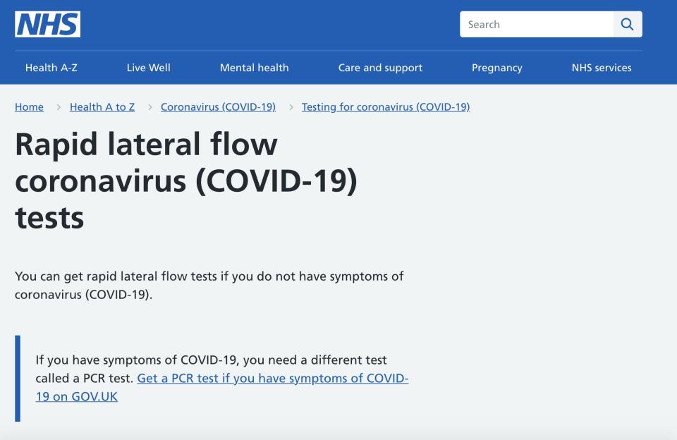 NHS rapid testing website