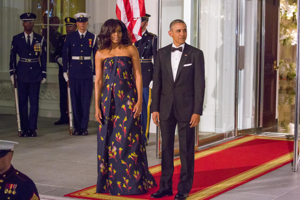 <a href="http://www.huffingtonpost.com/entry/michelle-obama-state-dinner_us_56e1c26ee4b065e2e3d520a3">Wearing Jason Wu</a> for a state dinner in Washington, D.C. on March 10.