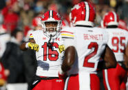 Maryland wide receiver Dino Tomlin (16) reacts during the first half of an NCAA football game against Rutgers, Saturday, Nov. 27, 2021, in Piscataway, N.J.(AP Photo/Noah K. Murray)