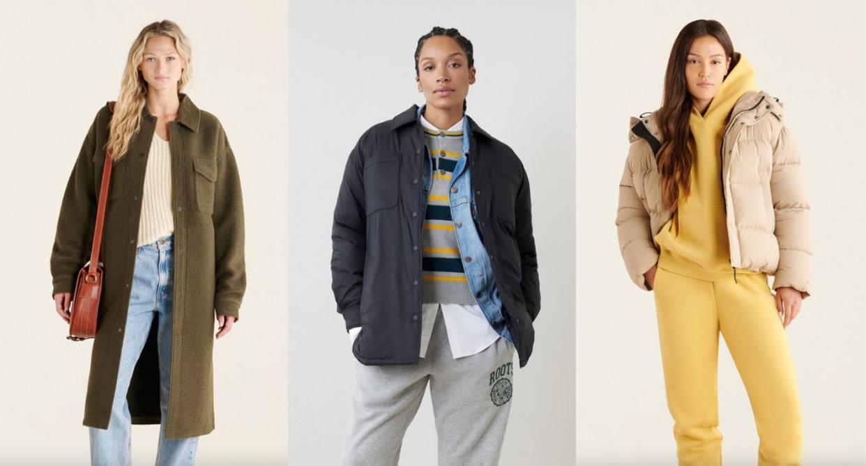 three people modelling roots discounted outerwear pieces