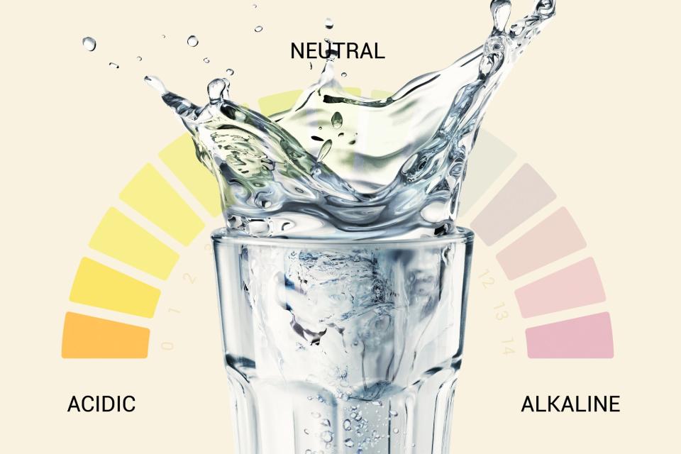 A glass of water with a PH scale in the background