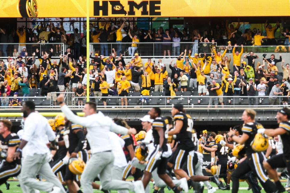 The celebration begins after Missouri kicker Harrison Mevis's game-winning field goal during a game against Kansas State at Memorial Stadium on Sept. 16, 2023, in Columbia, Mo.