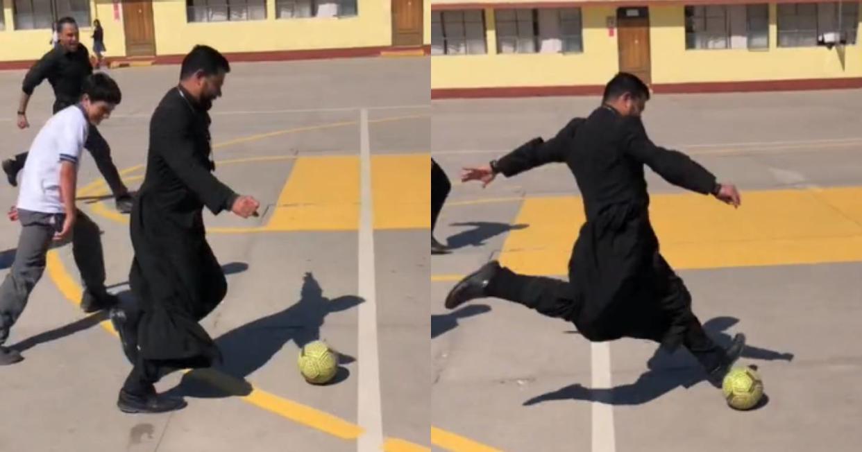 Cura de escuela católica es un cack en el futbol. Foto: Captura de video TikTok vía @ctln.aaaaaaa