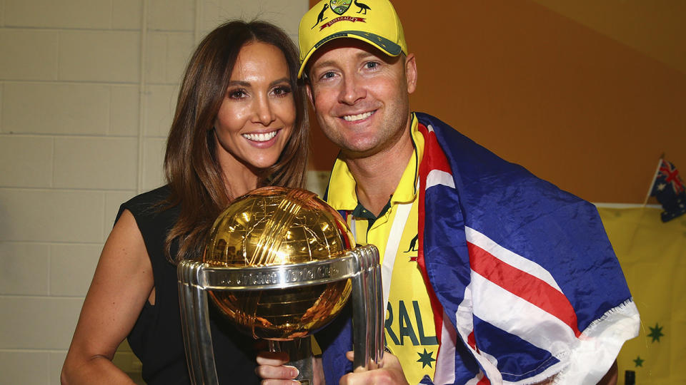 Michael and Kyly Clarke, pictured here celebrating Australia's victory at the 2015 Cricket World Cup.