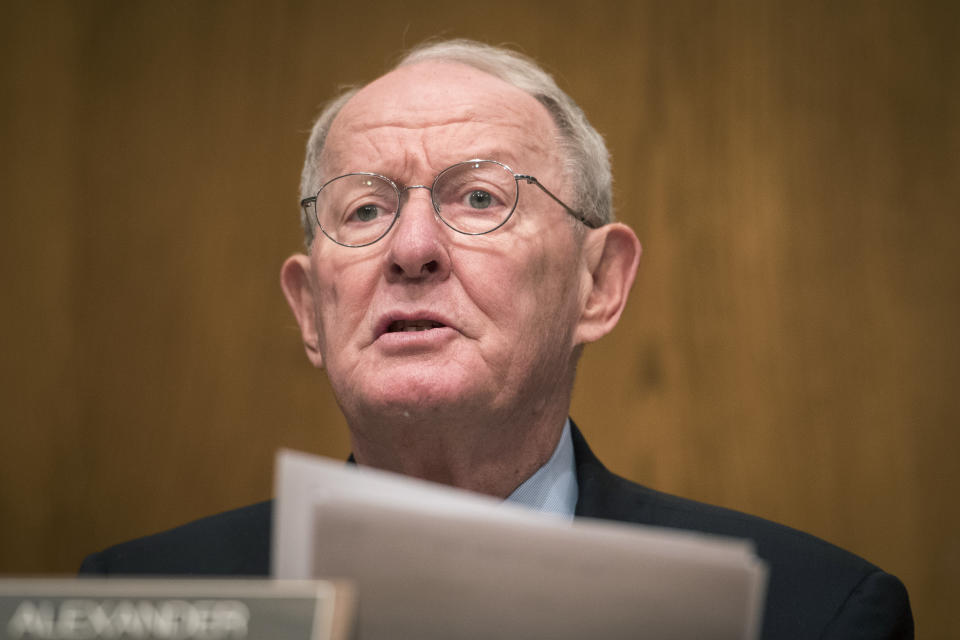 Senate Committee on Health, Education Labor and Pensions Chairman Lamar Alexander of Tenn., makes a opening statement to start the hearing on the nomination of Eugene Scalia to be Labor Secretary on Capitol Hill, in Washington, Thursday, Sept. 19, 2019. (AP Photo/Cliff Owen)