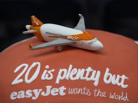 A cake is seen during an Easyjet media event to celebrate 20 years in business at Luton Airport, southern England, November 10, 2015. REUTERS/Eddie Keogh