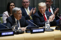 President Donald Trump listens as United Nations Secretary General Antonio Guterres speaks at the United Nations General Assembly, Monday, Sept. 24, 2018, at U.N. Headquarters. (AP Photo/Evan Vucci)