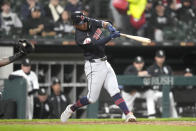 Cleveland Guardians' Tyler Freeman strikes out with the bases loaded during the seventh inning of the team's baseball game against the Chicago White Sox, Thursday, May 9, 2024, in Chicago. (AP Photo/Charles Rex Arbogast)