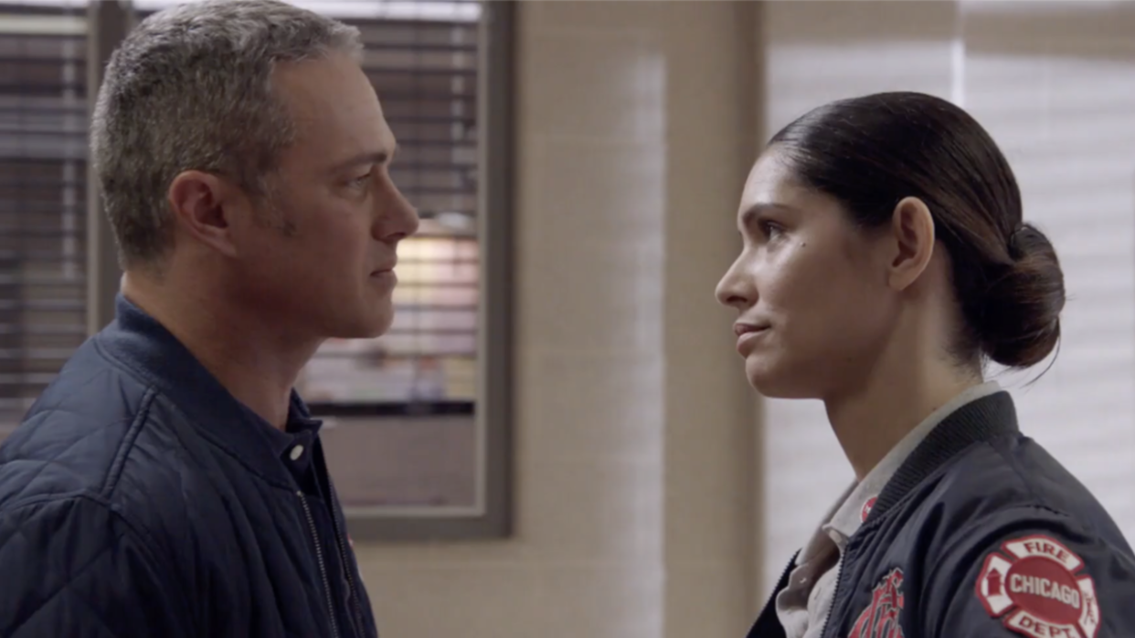  One Chicago trailer screenshot of Chicago Fire's Severide and Stella. 